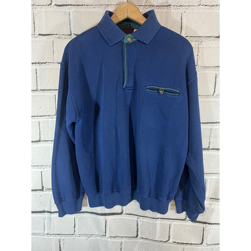Vintage 90s AZ Sport Men's L Blue Rugby Polo Sweatshirt Grandpa Pullover